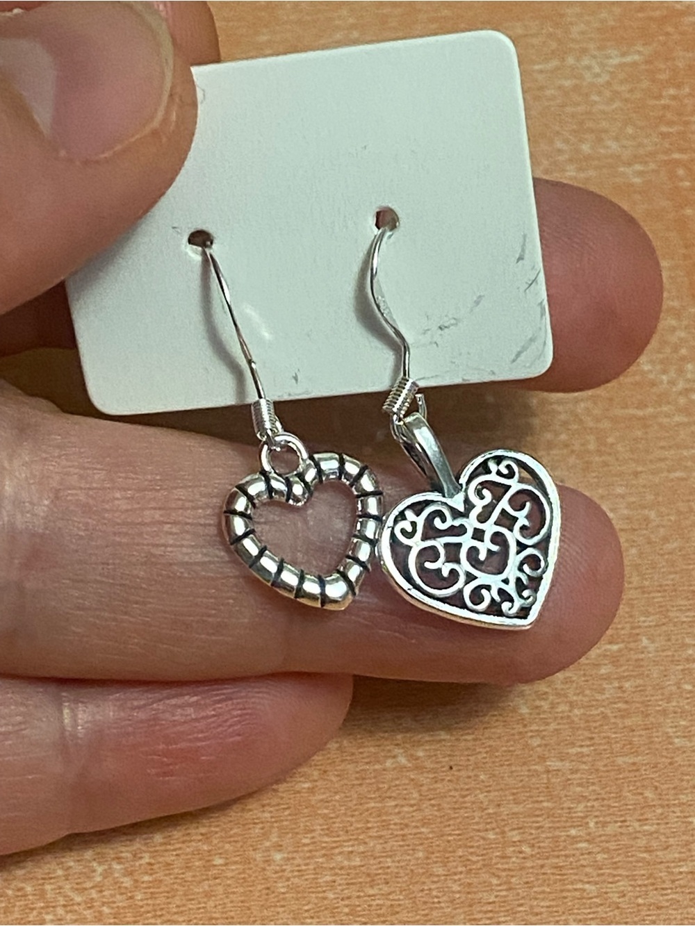 Silver Heart Drop Earrings with Filigree and Beaded Heart Design